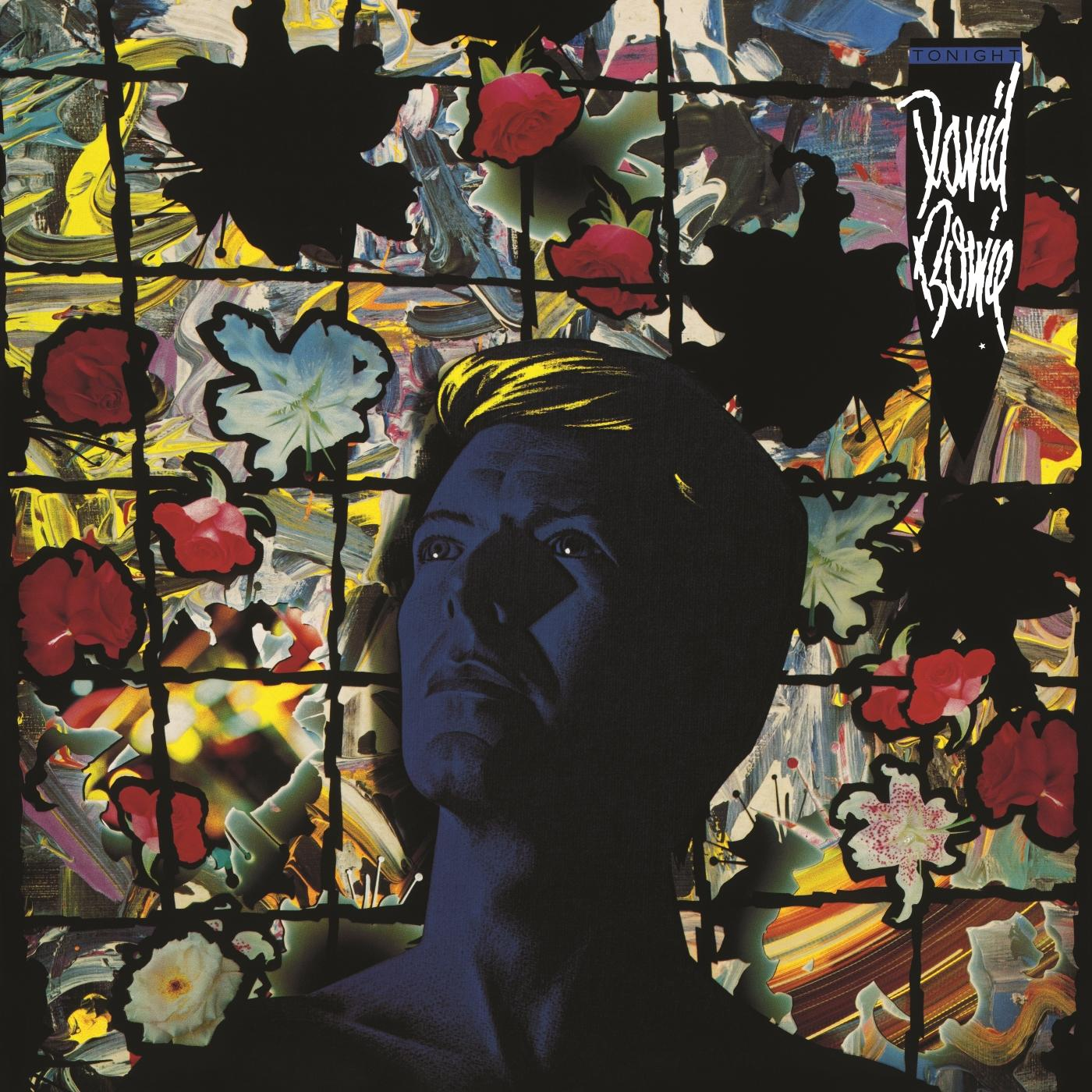 David Bowie album borítója, kék tónusú arccal, felfelé nézve. A háttérben virágok és absztrakt művészet látható. Fekete rács.