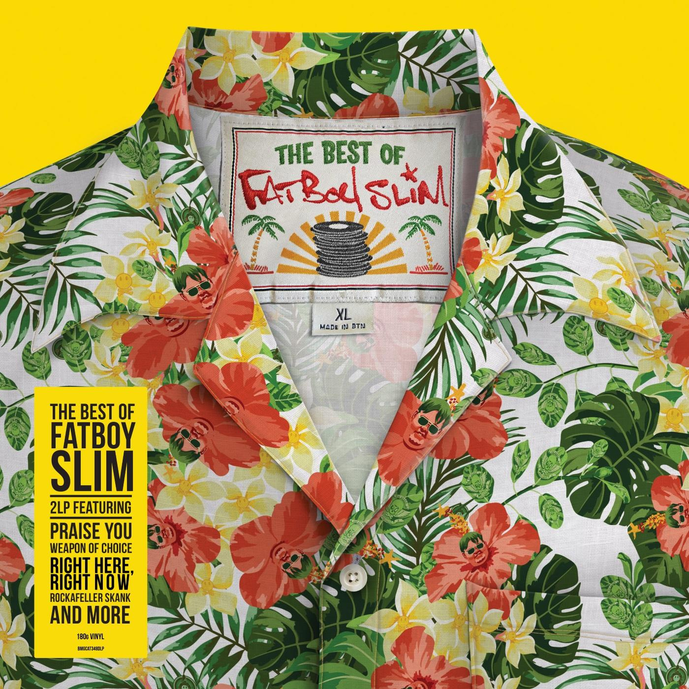 Hawaii ing virágmintával és a 'THE BEST OF FATBOY SLIM' felirattal a galléron.