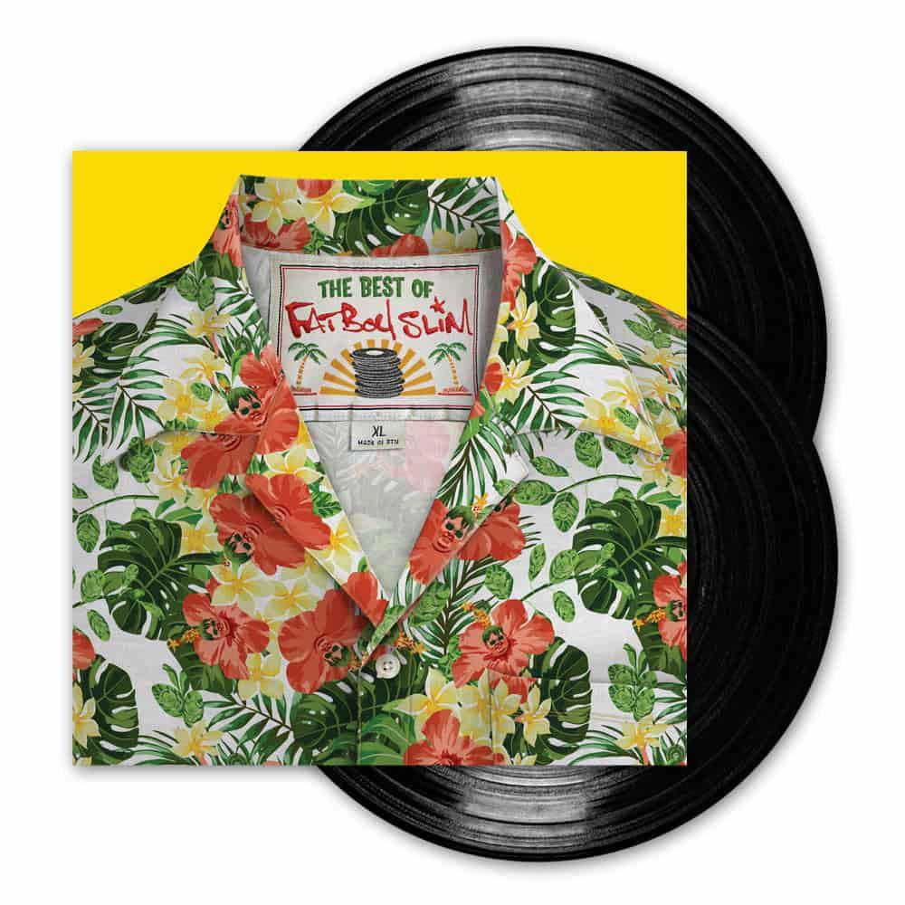 Vinil lemezek és album borító virágos ing mintával. Sárga háttér és fekete vinil.