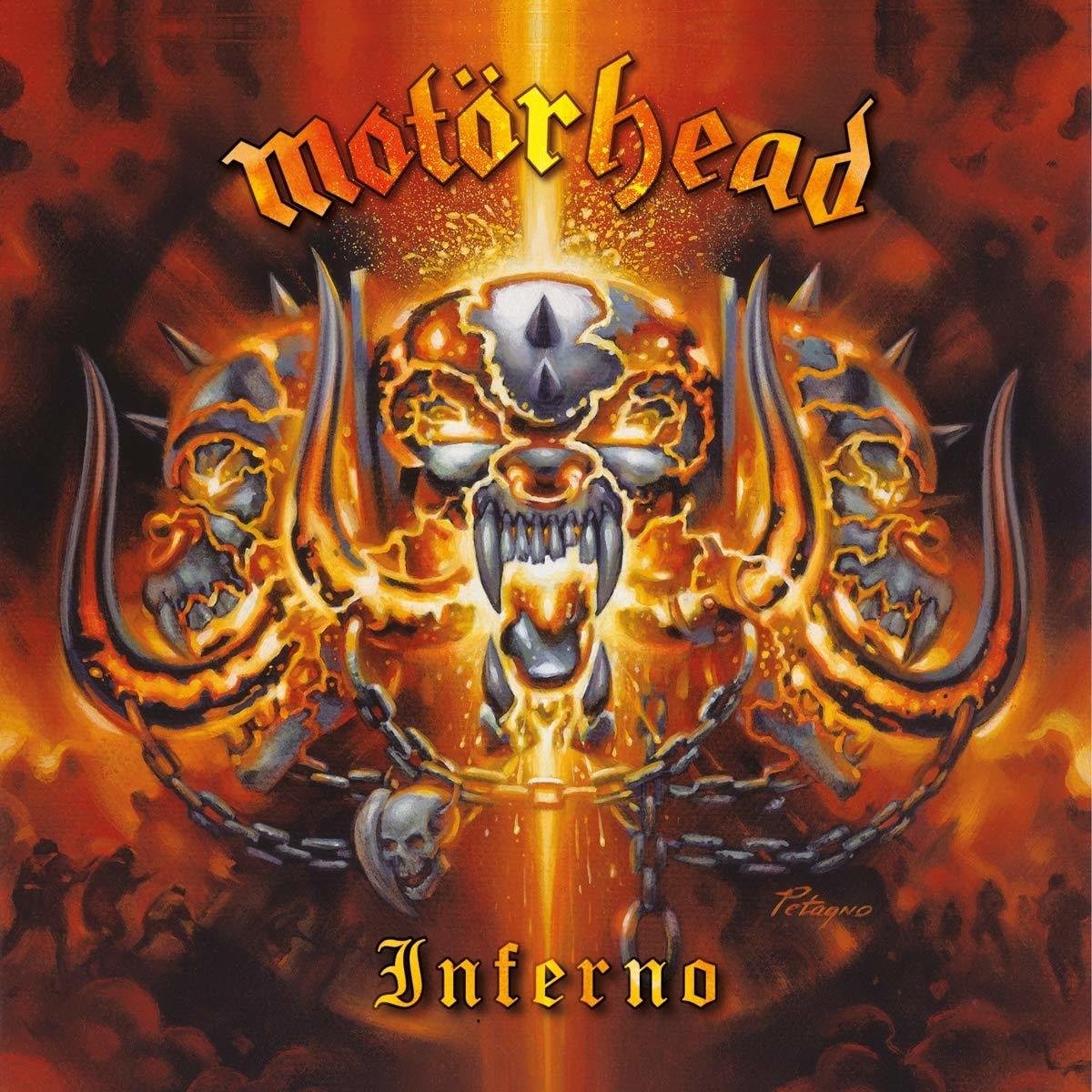 Motorhead Inferno album borítója. Központi démoni koponya láncokkal és szarvakkal, lángok veszik körül. 'Inferno' felirat.