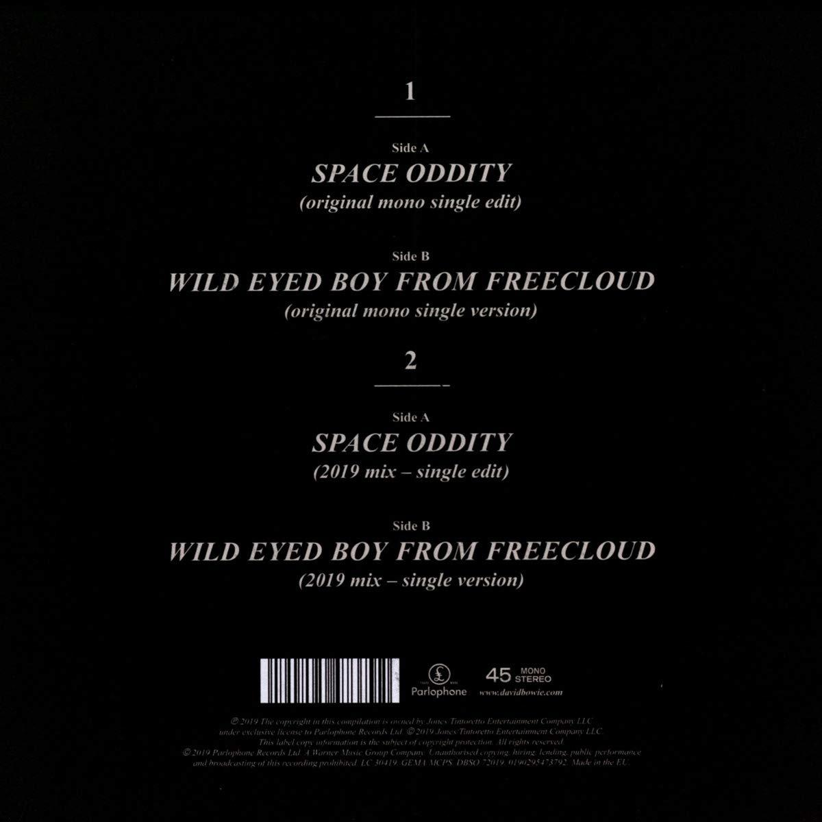 Albumcover mit Titelliste und den Wörtern "SPACE ODDITY" und "WILD EYED BOY".
