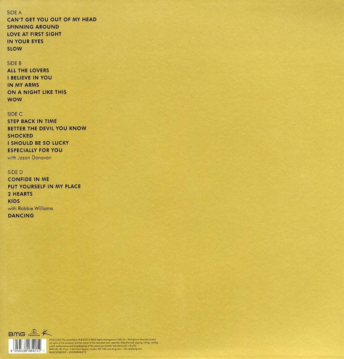 Kylie Minogue CD hátlapja. A számlistát és néhány szöveget mutat alul.