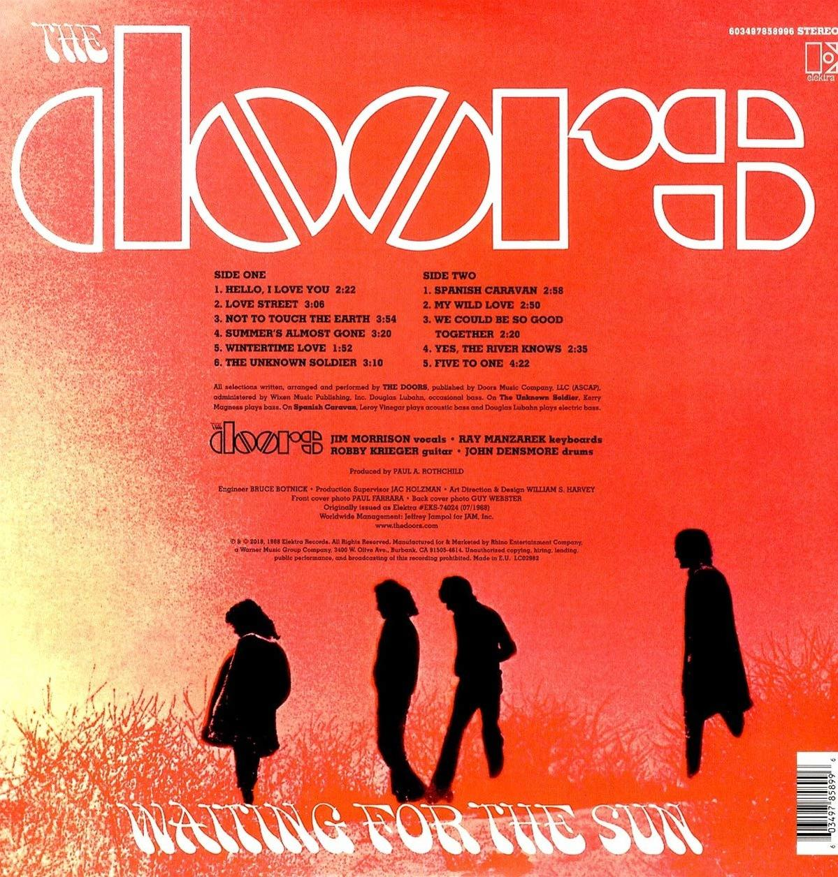 Rückseite des Albums "Waiting for the Sun" von The Doors. Titelliste und Bandmitglieder-Details.