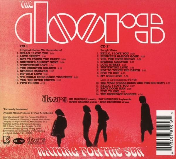 R ückseite des Albums The Doors, Waiting for the Sun. Sie zeigt Titellisten und Bandmitgliedsilhouetten.