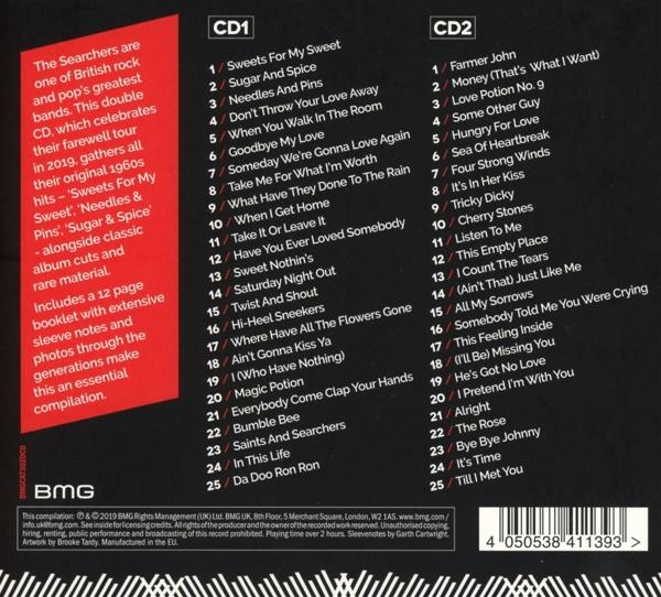 Rückseite eines Musikalbums mit Titellisten, Text und einem Foto von The Searchers, einer Rockband.
