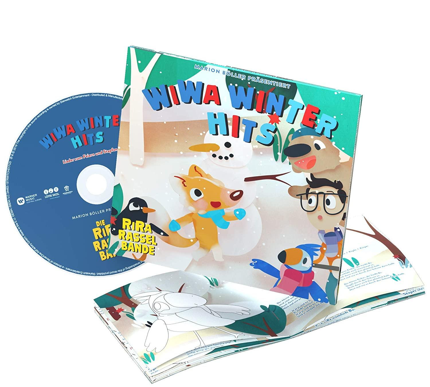 Ein farbenfrohes Kinderbuch mit CD. Das Cover zeigt Zeichentrickfiguren in einer Winterszene.