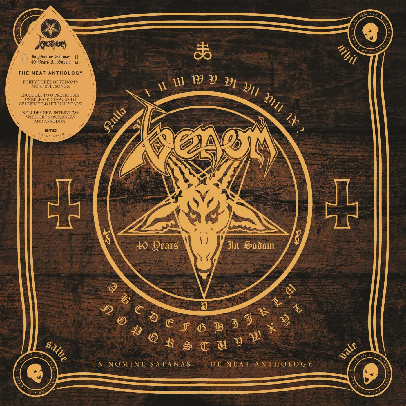 Albumcover mit Stern, Venom-Bandlogo und Text '40 Years In Sodom' und anderem Text.