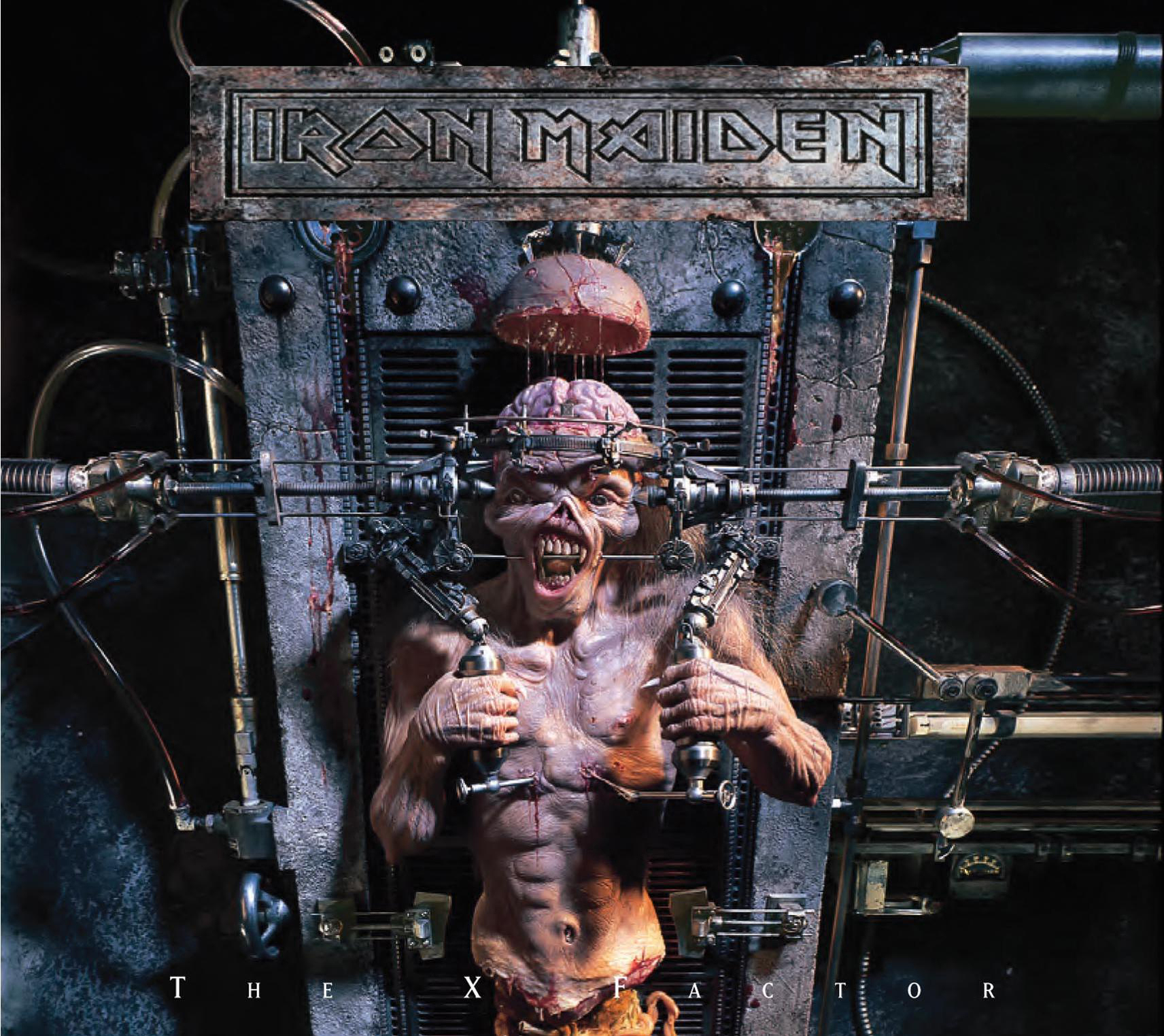 Albumcover: Ein Monster in einer Maschine. Die Band ist Iron Maiden. Das Album ist The X Factor.