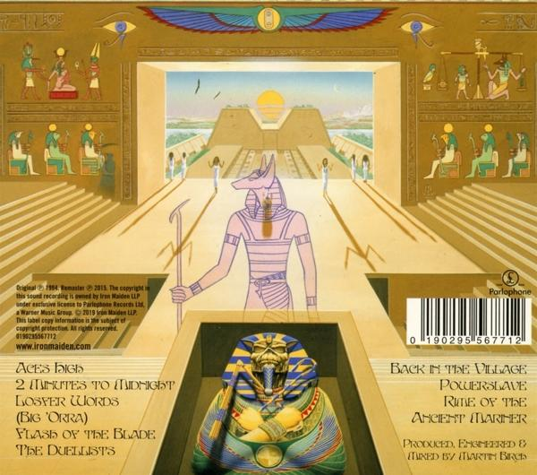 Albumcover mit ägyptischen Bildern und dem Bandnamen 'Iron Maiden'.