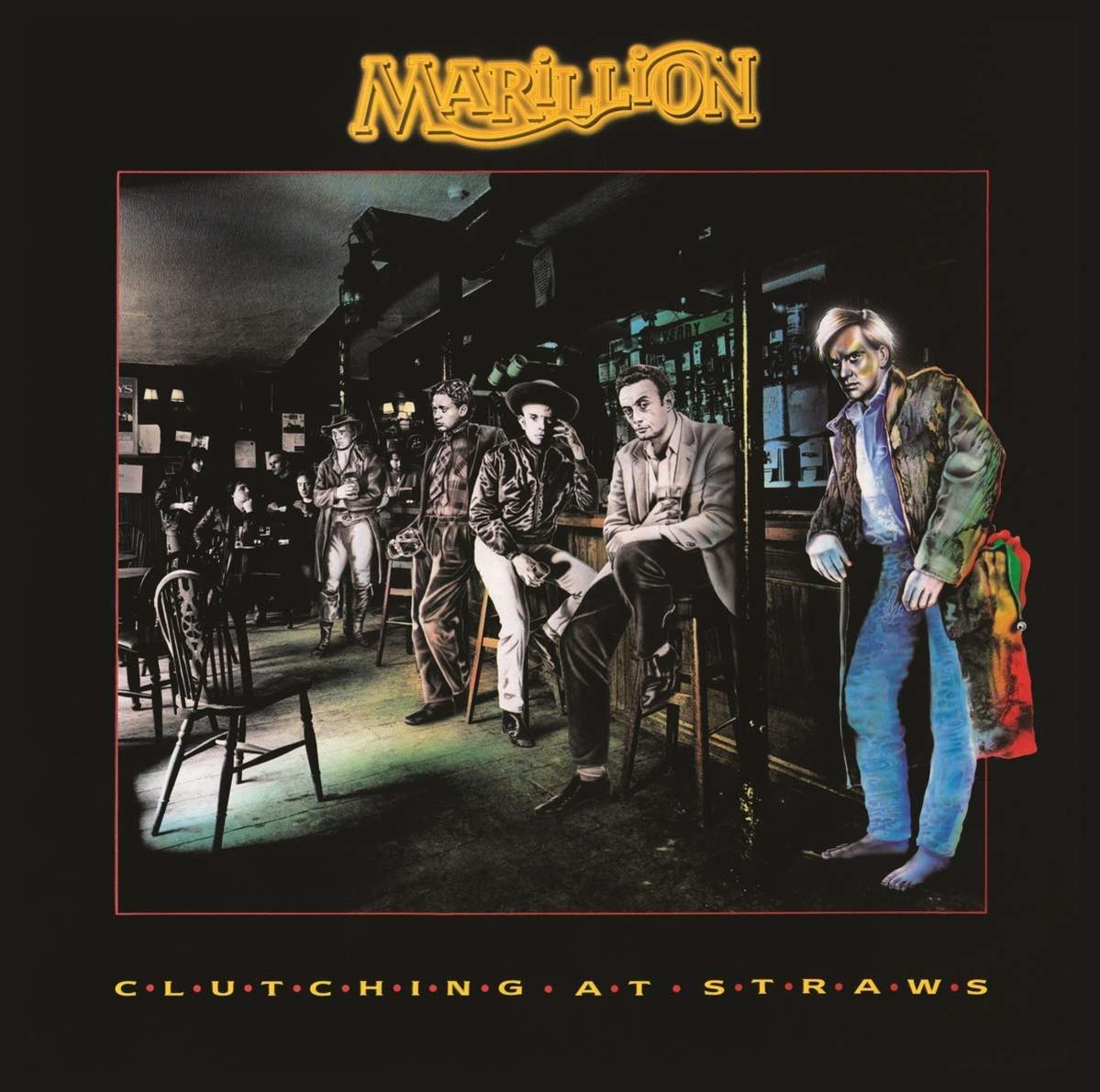 Albumcover: Bandmitglieder in einer Bar, in künstlerischem Stil. Text sagt 'Clutching at Straws'.