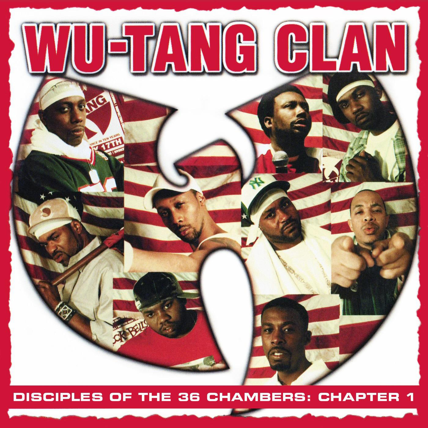 Albumcover mit neun Männern, Hintergrund der amerikanischen Flagge und Text.