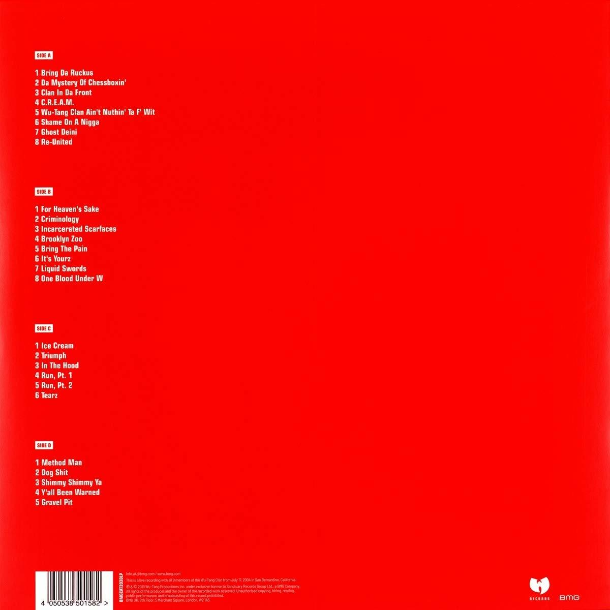 Rotes Albumcover mit weißem Text. Listet Songtitel auf den Seiten A, B, C und D auf.