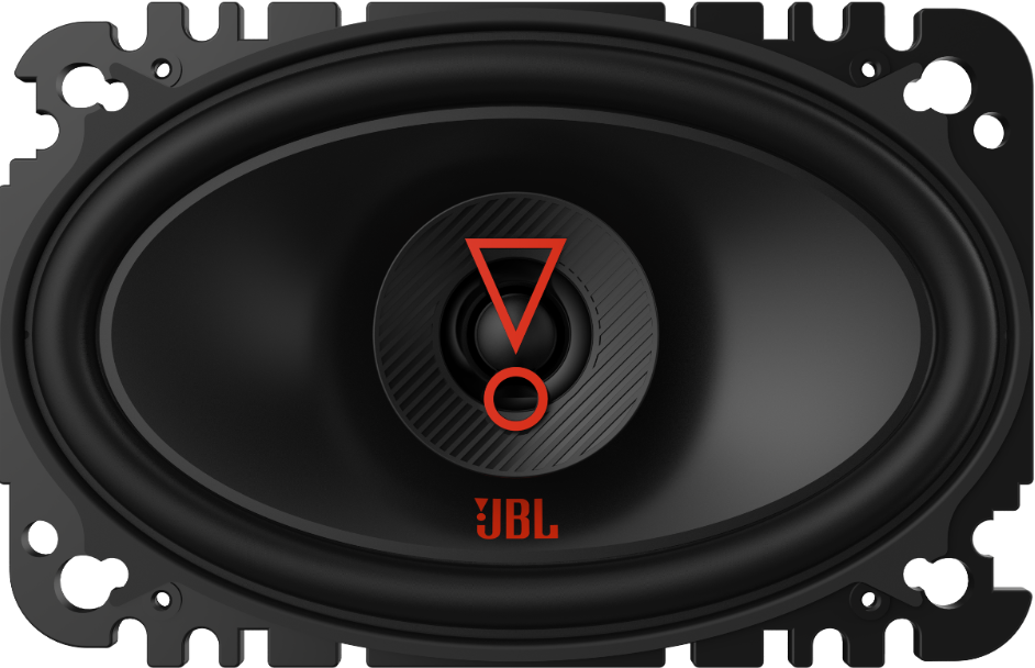 Un haut-parleur JBL noir avec le logo JBL rouge au centre et un triangle rouge.