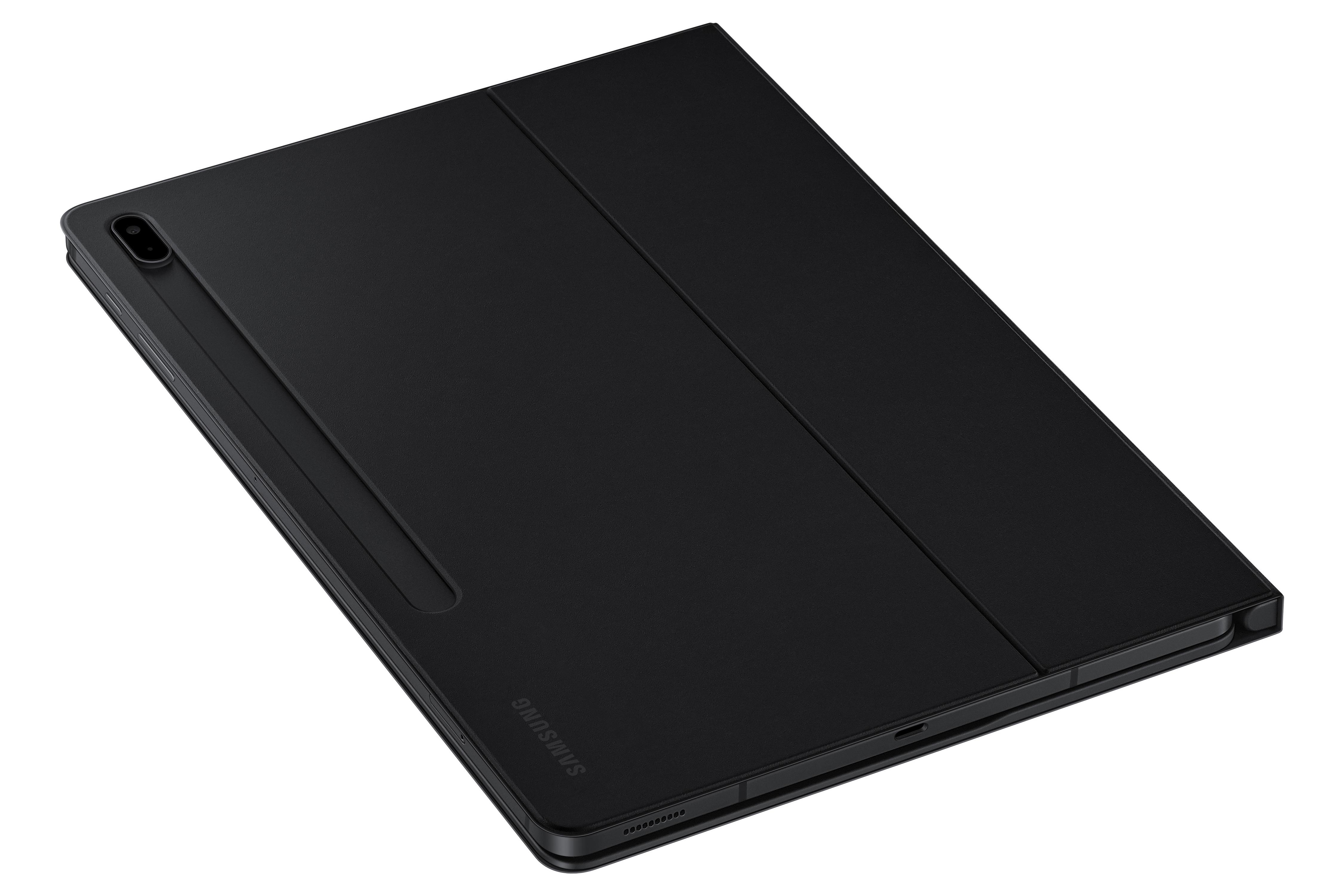 Schwarzes Samsung Tablet in einer schwarzen Hülle. Die Hülle ist geschlossen, angewinkelt geöffnet.