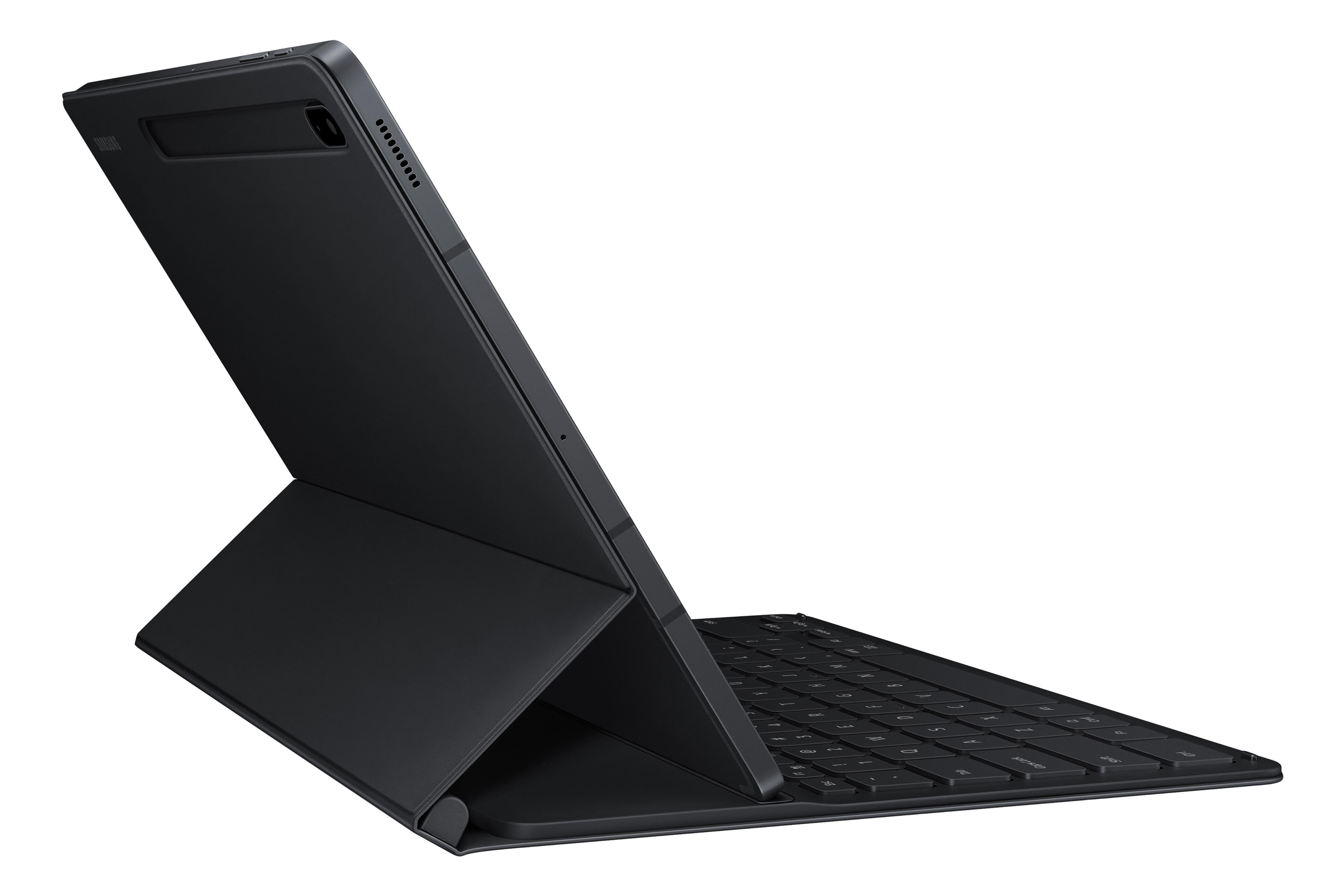 Schwarzes Tablet mit angeschlossener Tastatur, abgewinkelt geöffnet. Weißer Hintergrund.