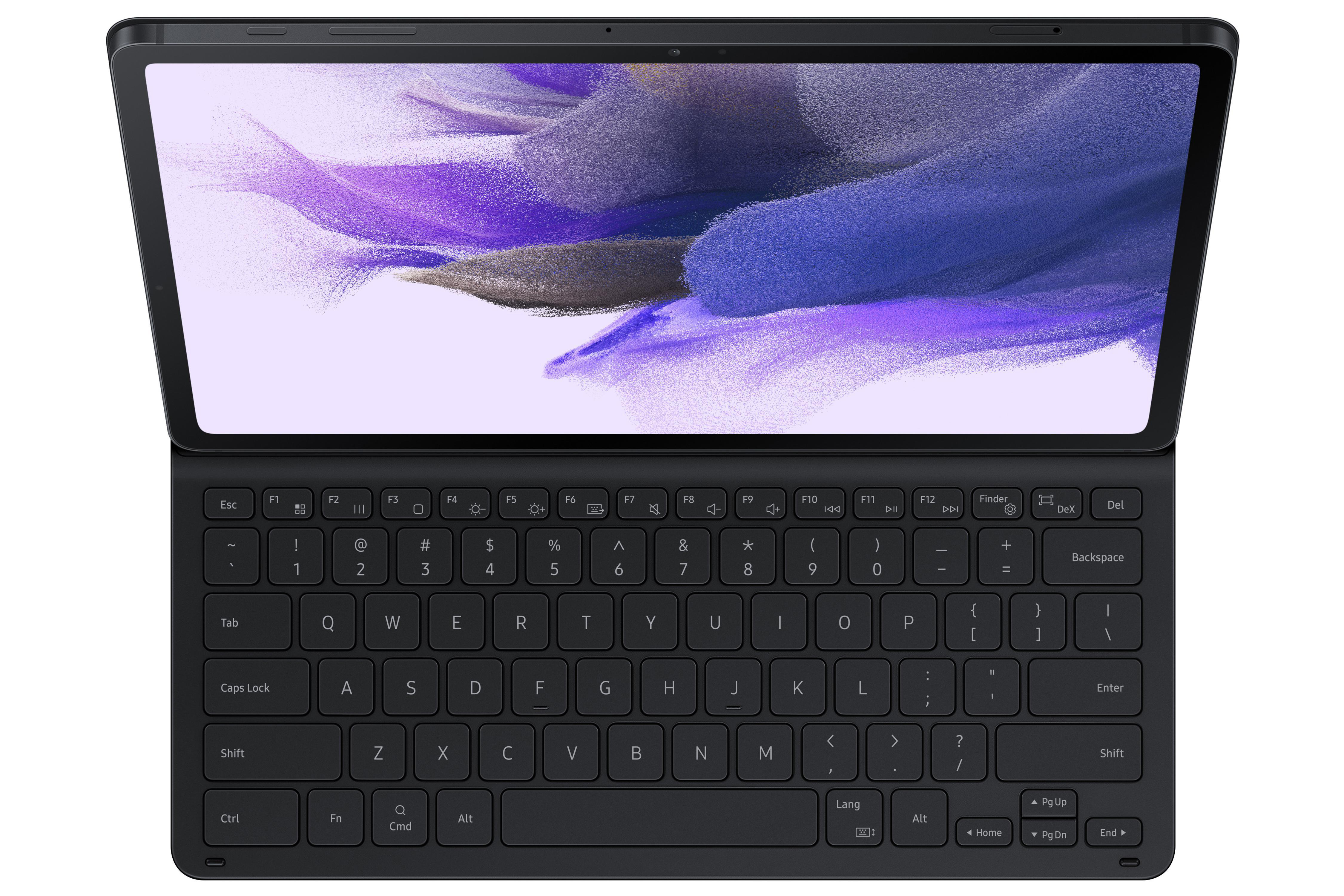 Tablet-Computer mit Tastaturhülle, geöffnet und nach oben gerichtet.