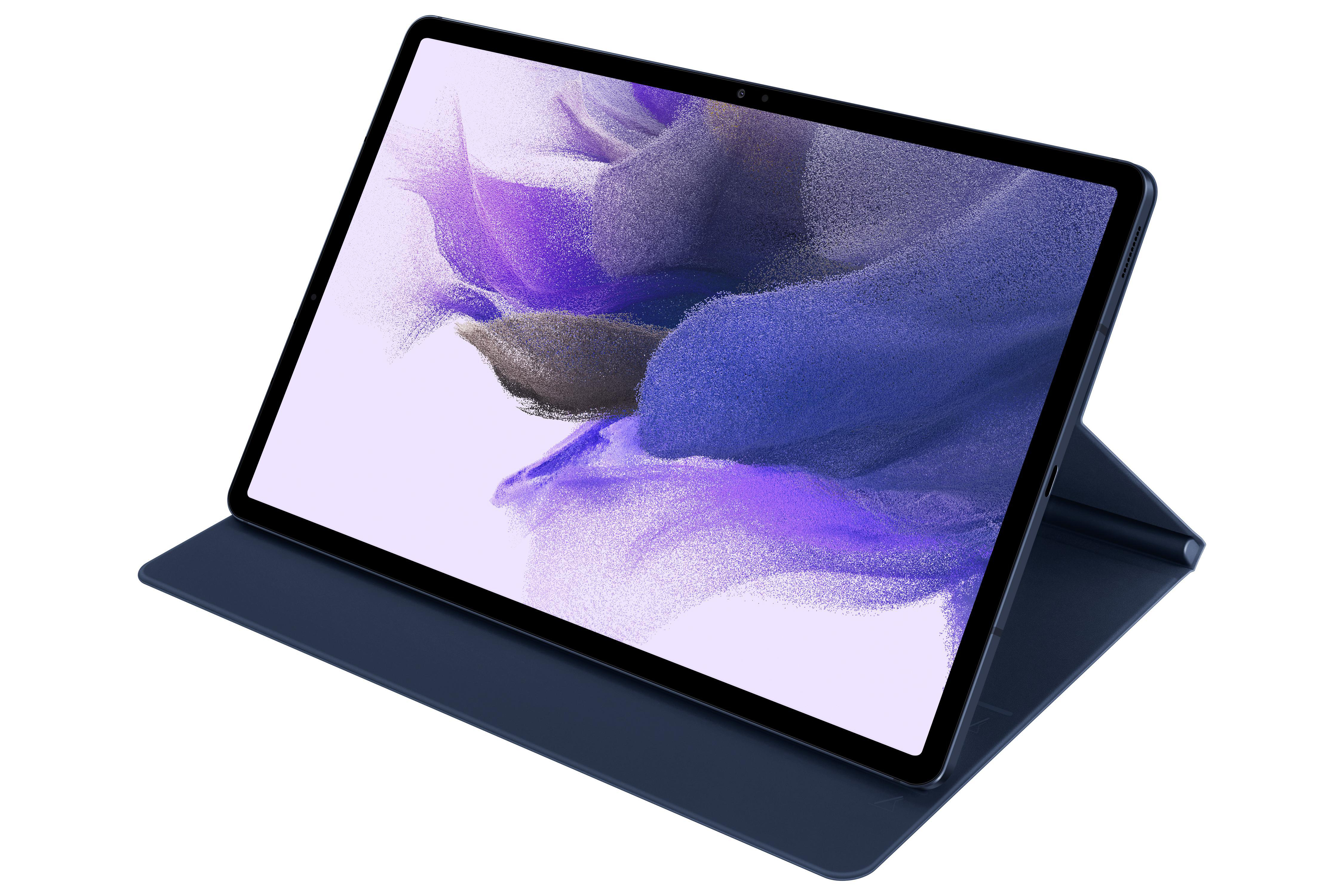 Blaues Tablet mit schwarzem Bildschirm auf einem blauen Cover. Weißer Hintergrund.