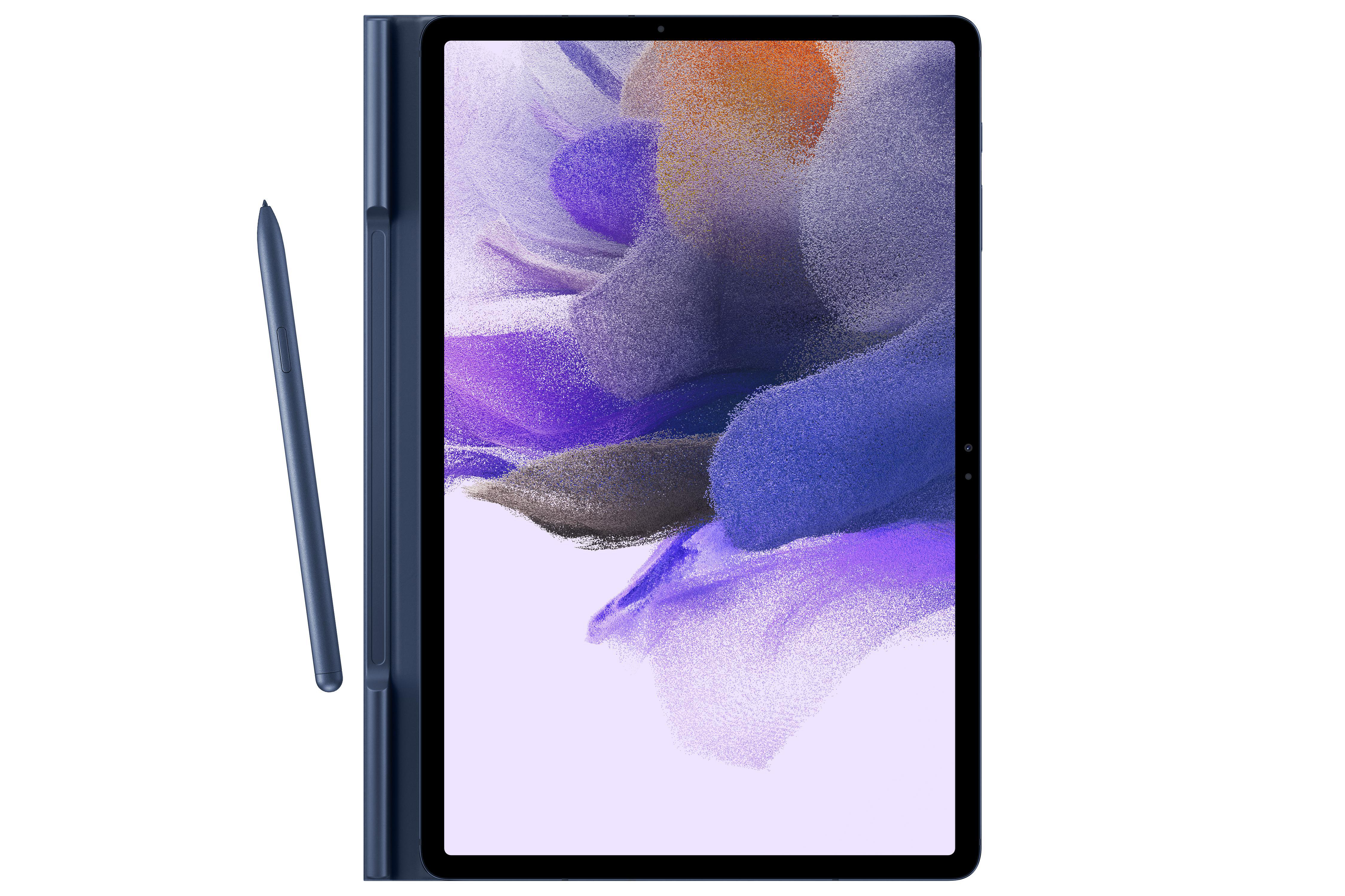 Tablet mit Stift und Hülle. Blaues Tablet mit angebrachtem Stift. Weißer Hintergrund.