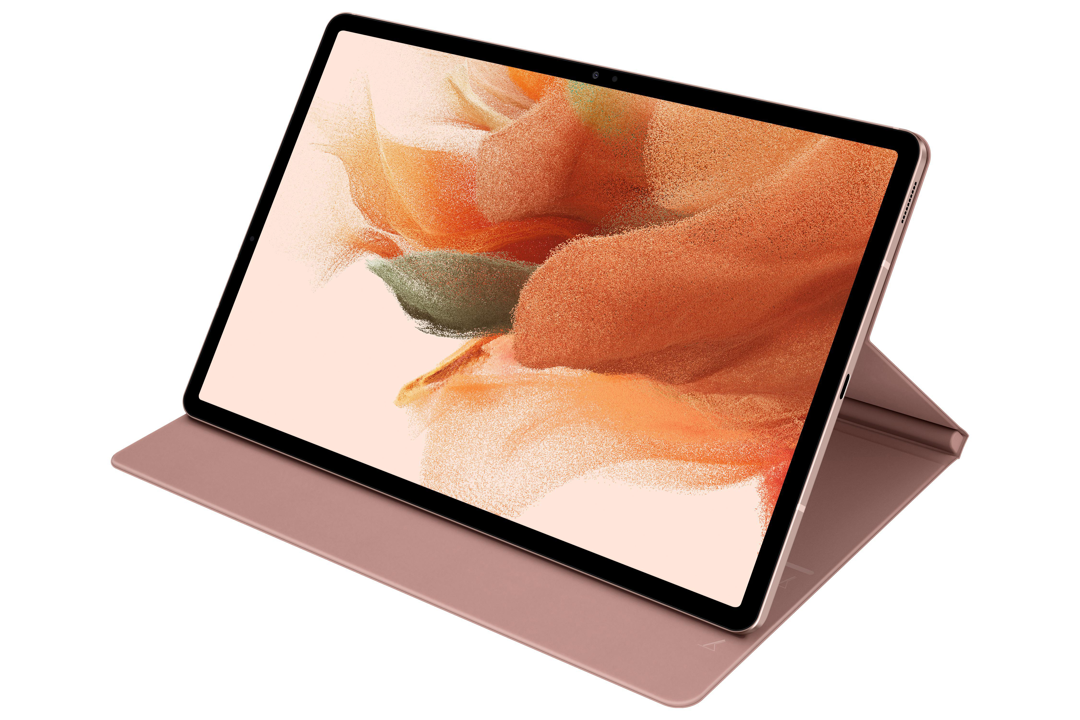 Ein Tablet mit rosafarbenem Cover, das ein abstraktes Design zeigt.