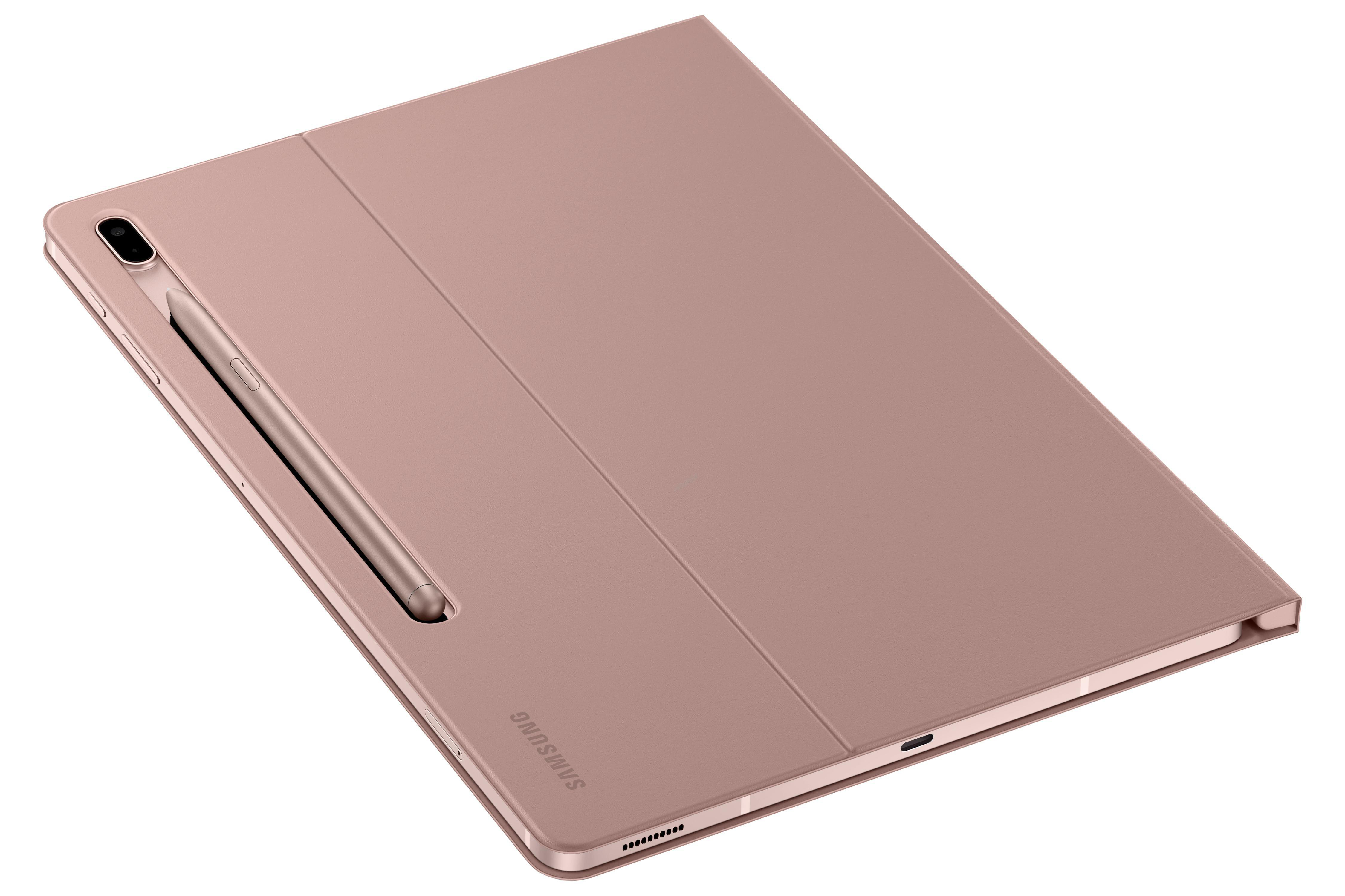 Rosafarbenes Tablet mit Stift und Hülle. Die Hülle ist geschlossen.