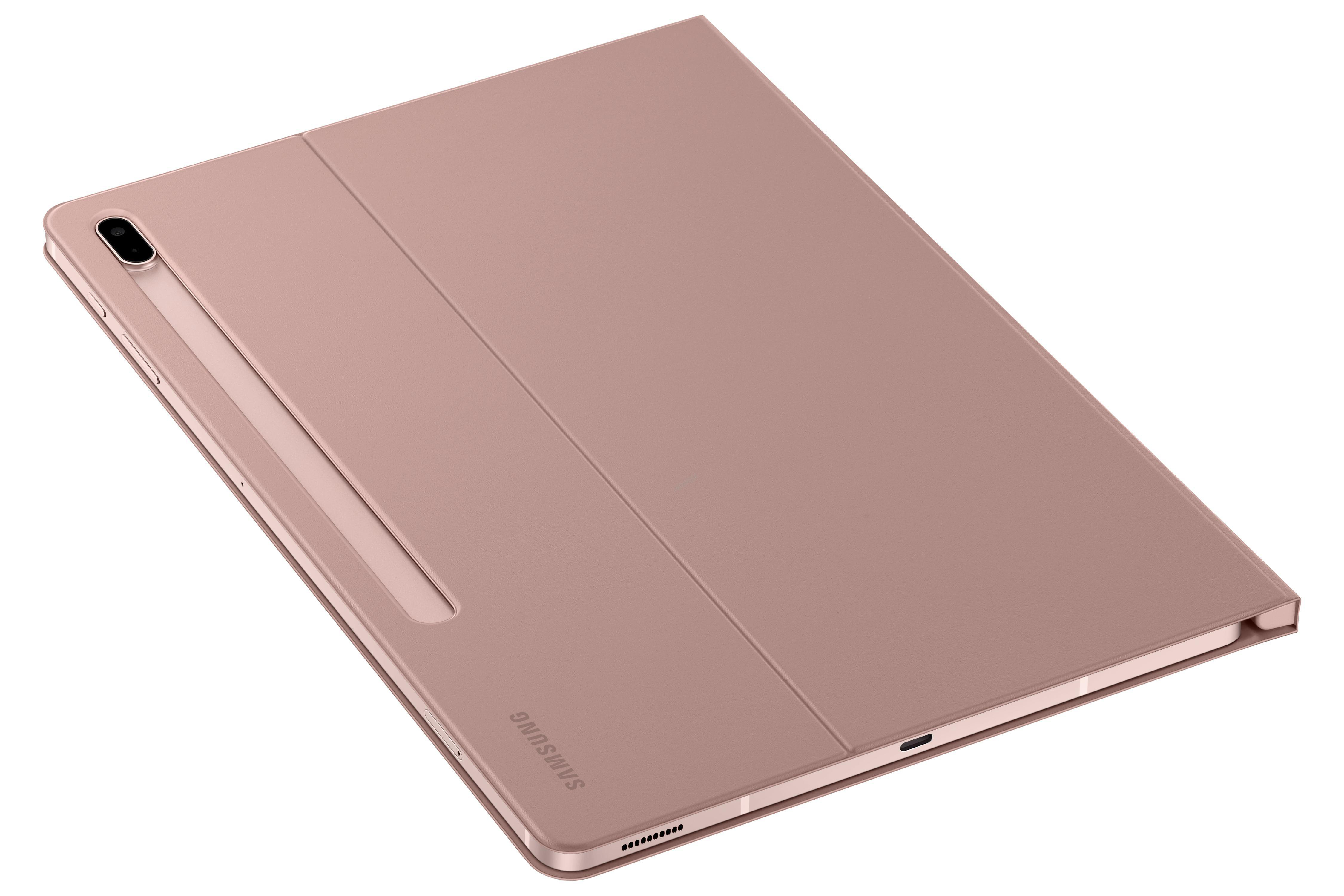 Ein roségoldenes Tablet mit befestigtem Stift. Das Tablet ist geschlossen und zeigt das Samsung-Logo.