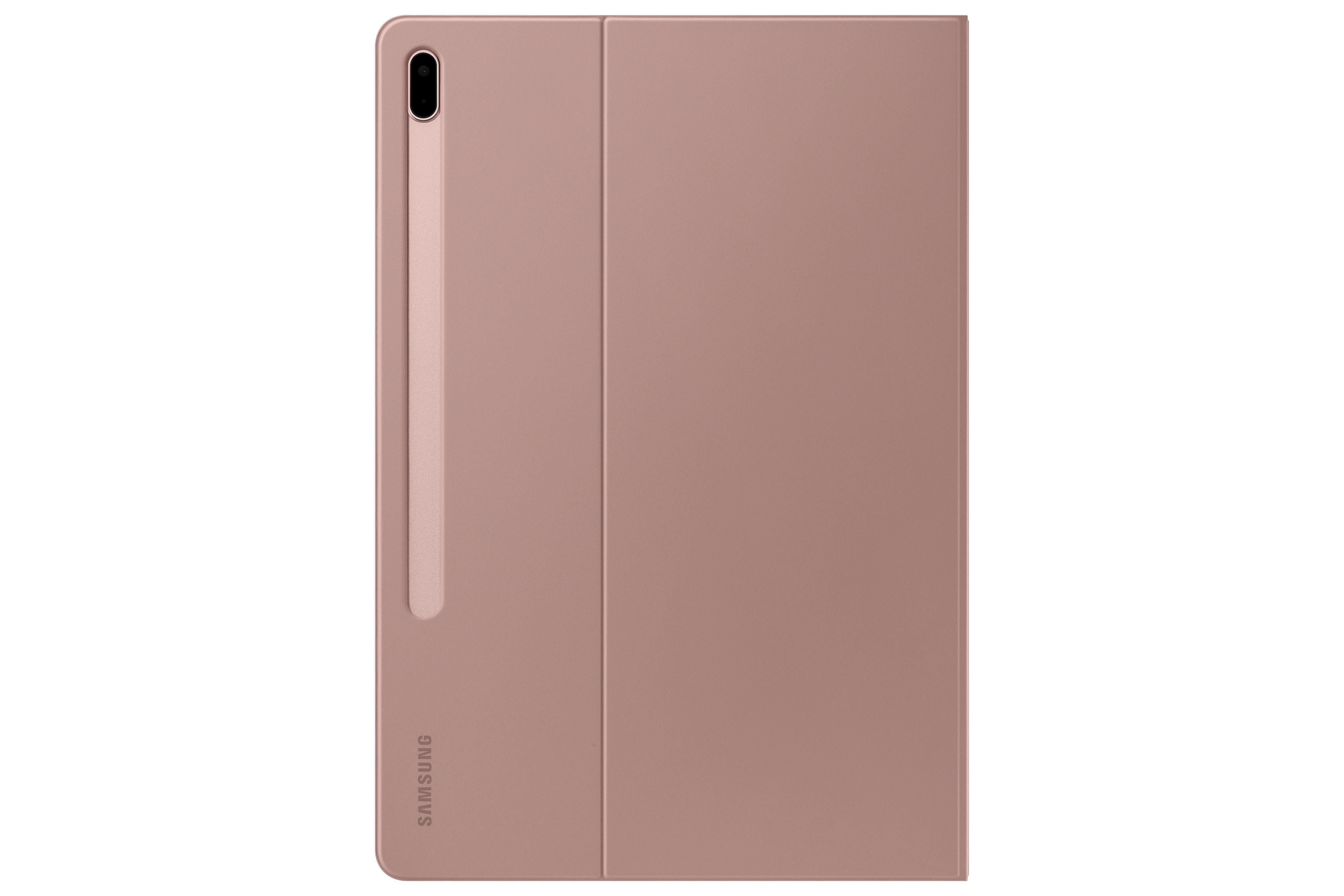 Rosafarbene Tablet-Hülle, geschlossen, mit Stifthalter an der Seite. Samsung-Logo unten.
