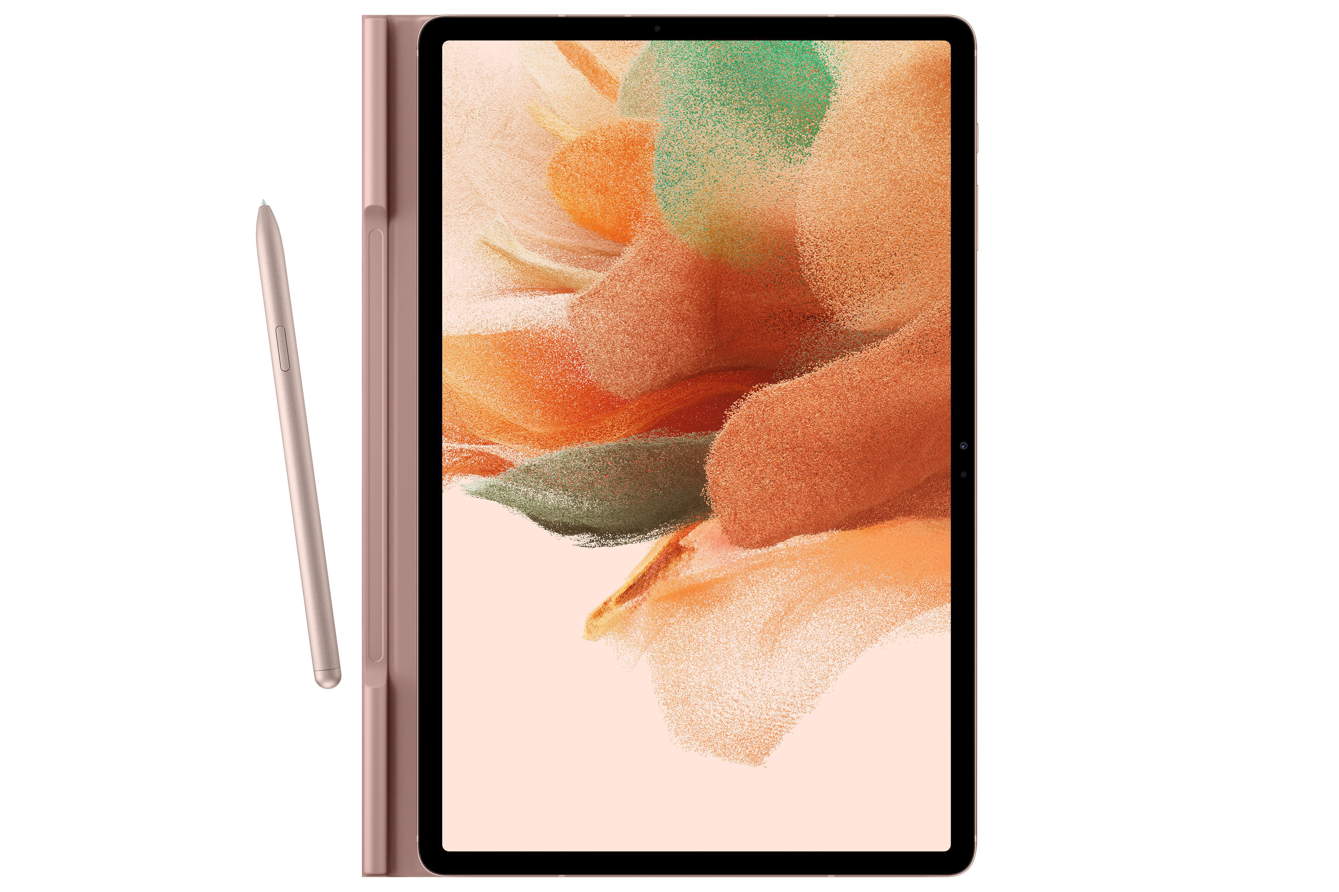 Ein roségoldenes Tablet mit einem Stift daneben, auf weißem Hintergrund.