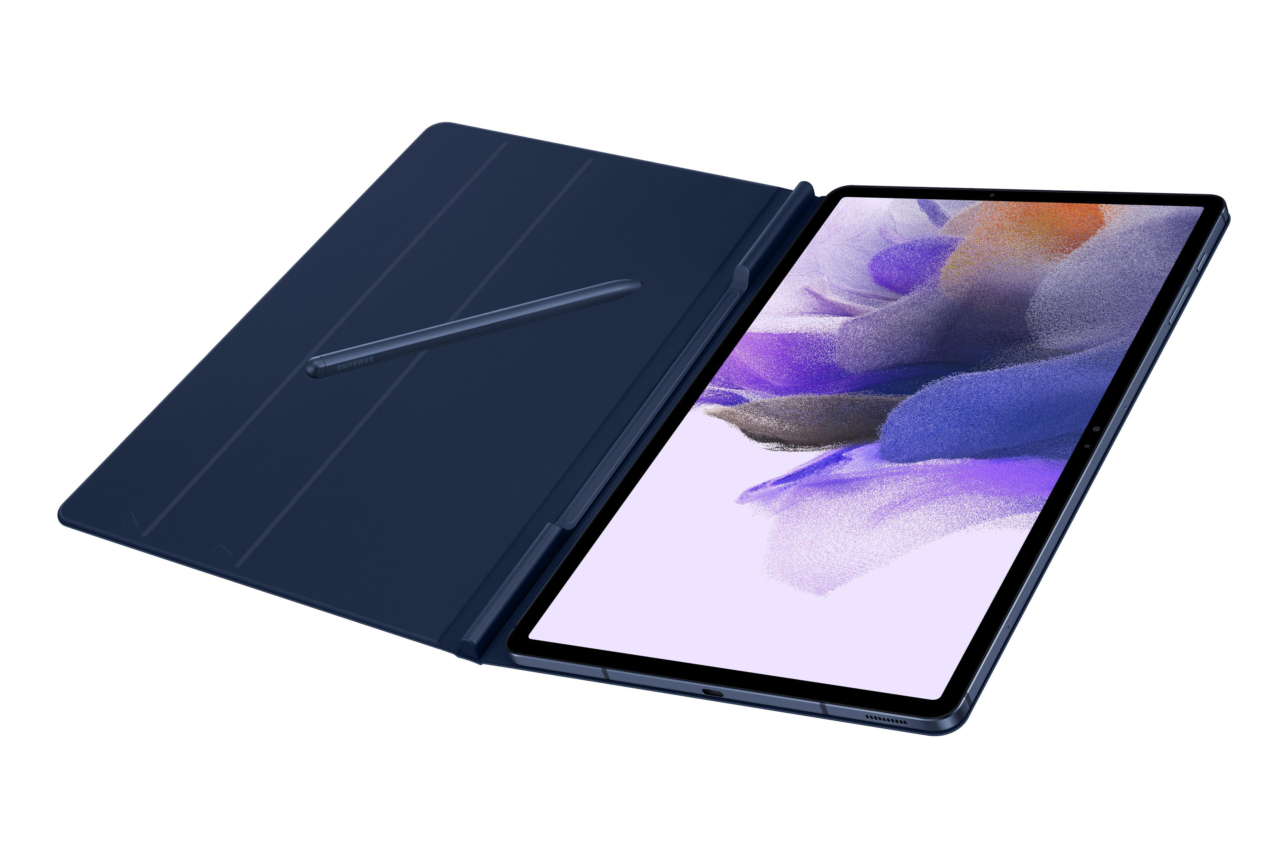 Ein marineblaues Tablet mit Stift und Hülle. Das Tablet ist geöffnet und zeigt einen lilafarbenen Bildschirm.