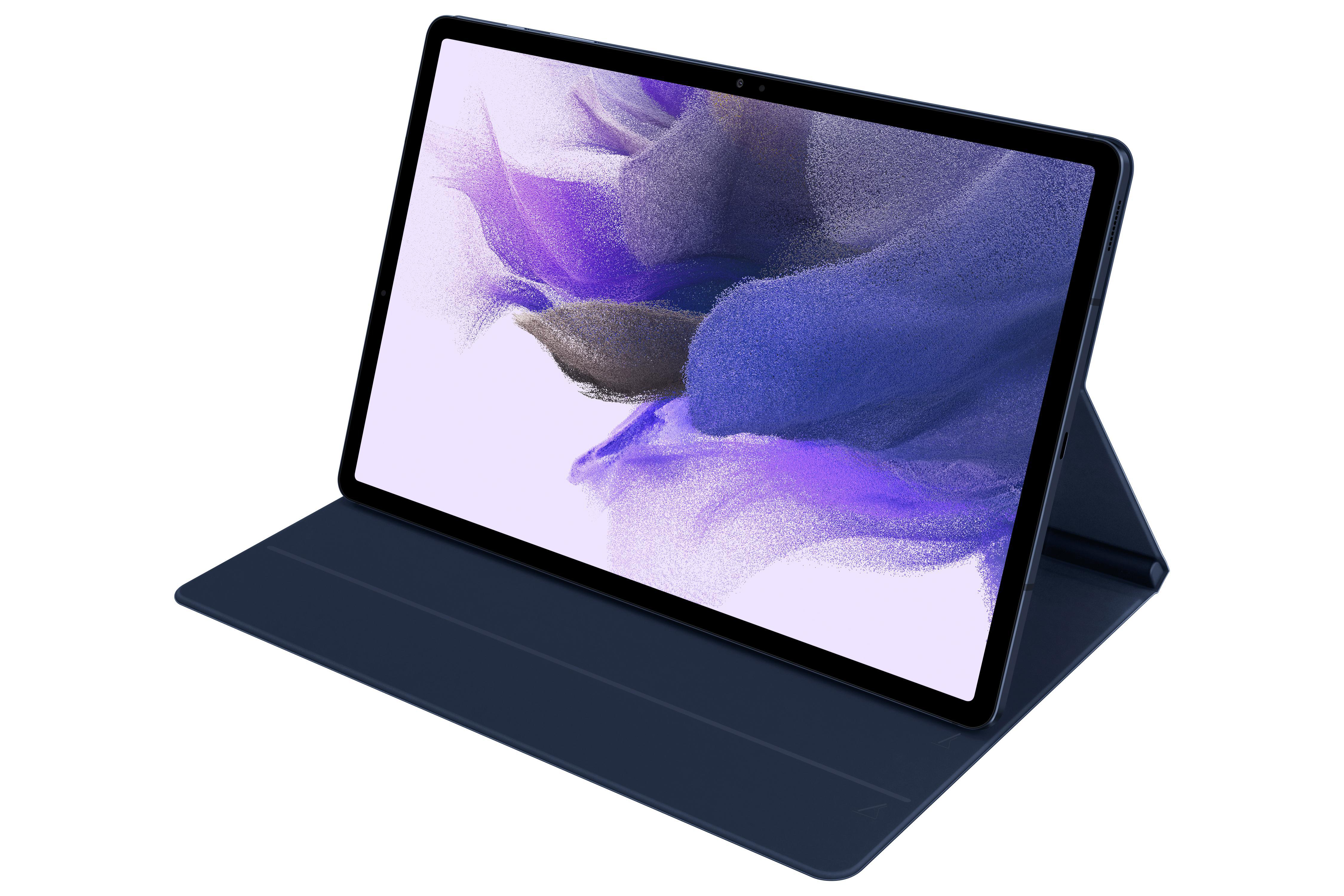 Tablet mit dunkelblauem Gehäuse, Bildschirm an, nach oben geneigt.