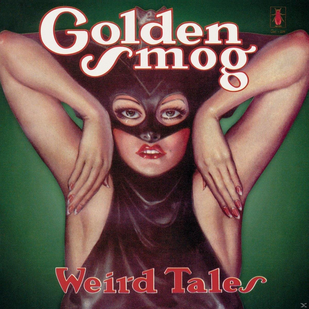 Bild einer Frau mit schwarzer Maske auf einem Vintage-Magazin-Cover. Der Titel lautet "Golden Smog, Weird Tales."