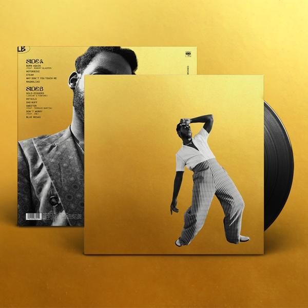 Albumcover mit einem Mann auf goldenem Hintergrund und einer schwarzen Schallplatte.