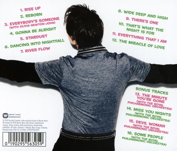 Rückseite einer CD mit Titellisten, einem Mann und Text. Enthält Bonustracks und Musikkredits.