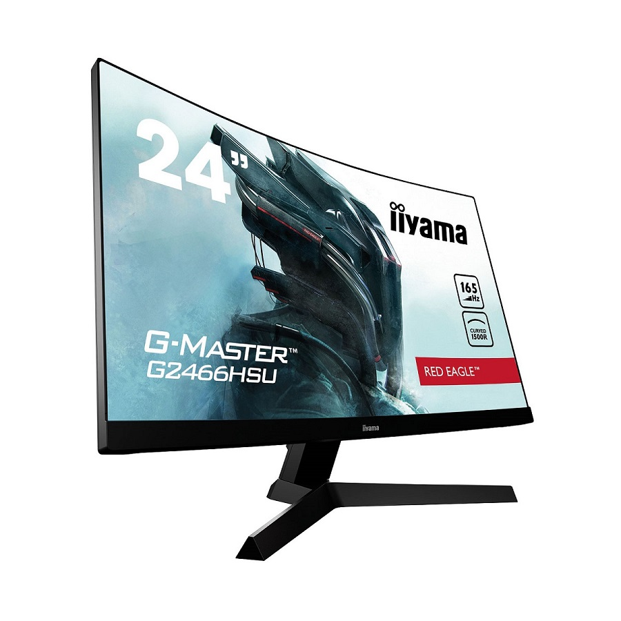 Bir standı olan kavisli siyah bir bilgisayar monitörü. Bir grafik ve iiyama marka adını görüntüler.