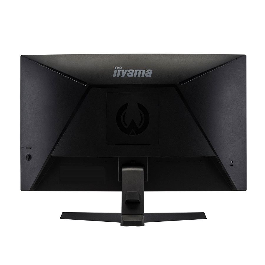 Siyah bir bilgisayar monitörü, arka görünüm. Monitörün bir standı, bağlantı noktaları ve iiyama logosu var.
