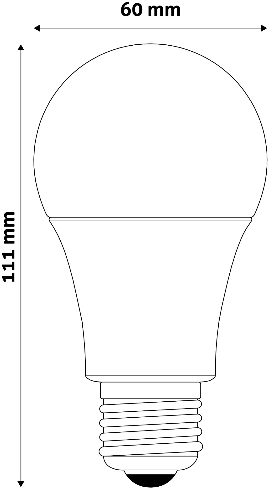 Egy izzó diagramja, amely a méreteit mutatja (60 mm x 111 mm).