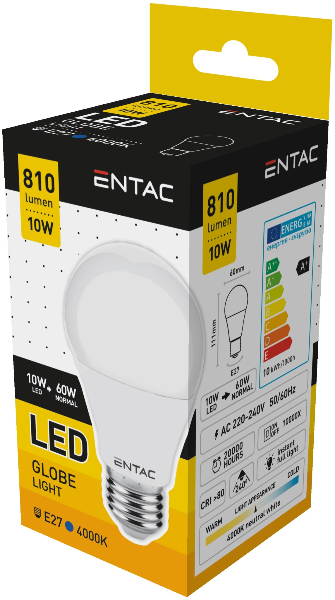 LED-es izzó egy dobozban. A doboz sárga és fehér, részletekkel.