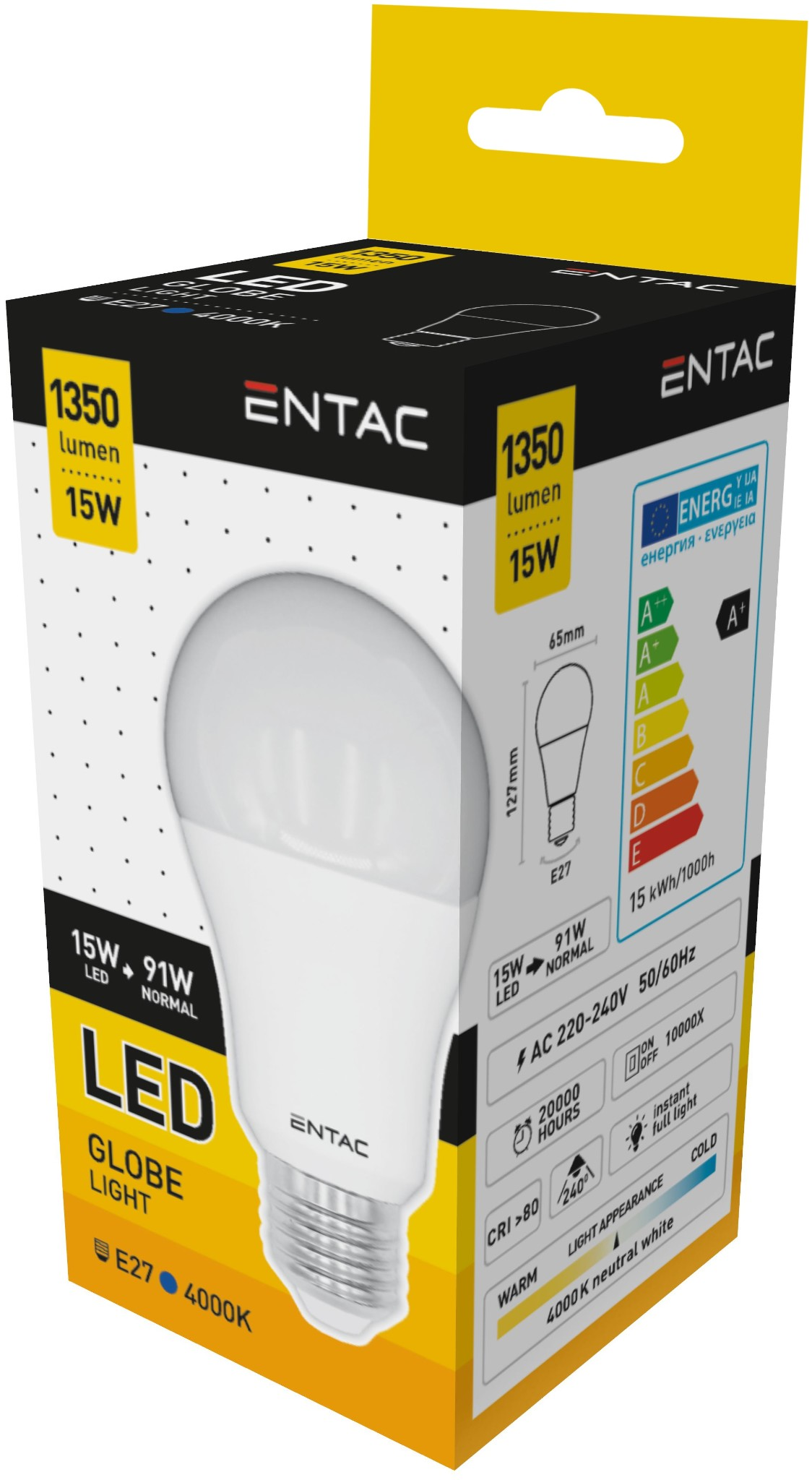 Fehér LED-gömbizzó sárga-fekete dobozban. A dobozon szöveg és grafika található. Termékcsomagolás.