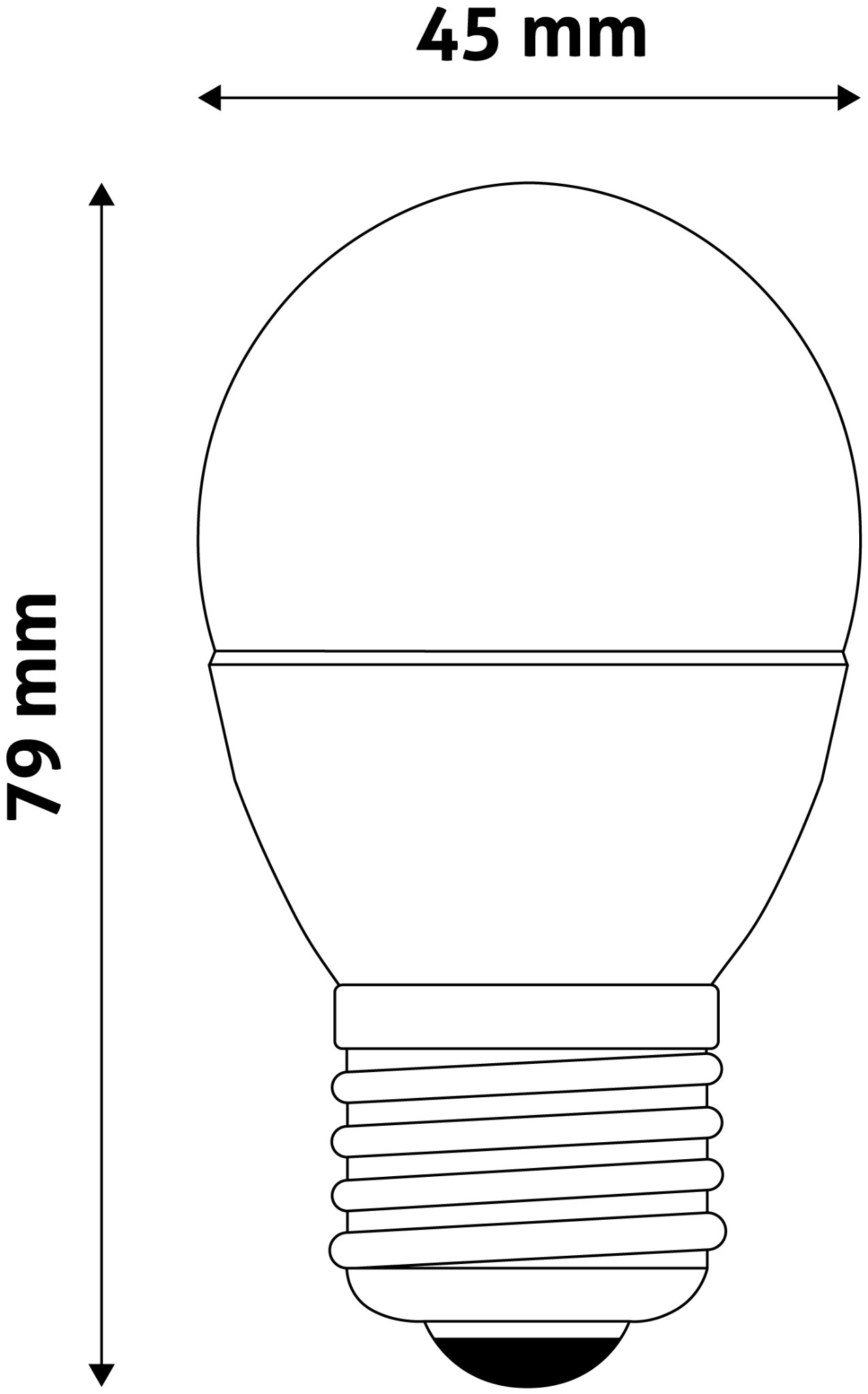 Egy izzó vonalrajza méretekkel (79mm x 45mm).