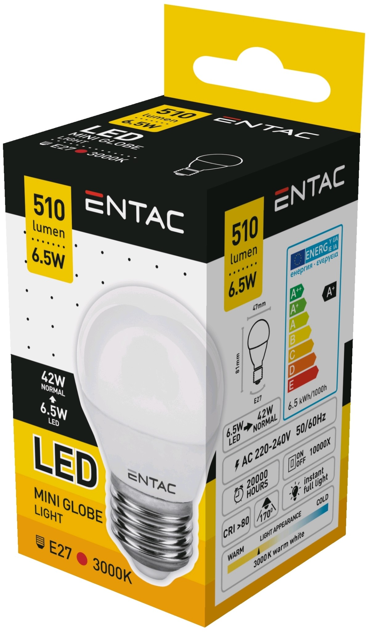 LED izzó doboza. Fehér izzó illusztrációja. Szöveges részletek: lumen, watt, energiahatékonyság.