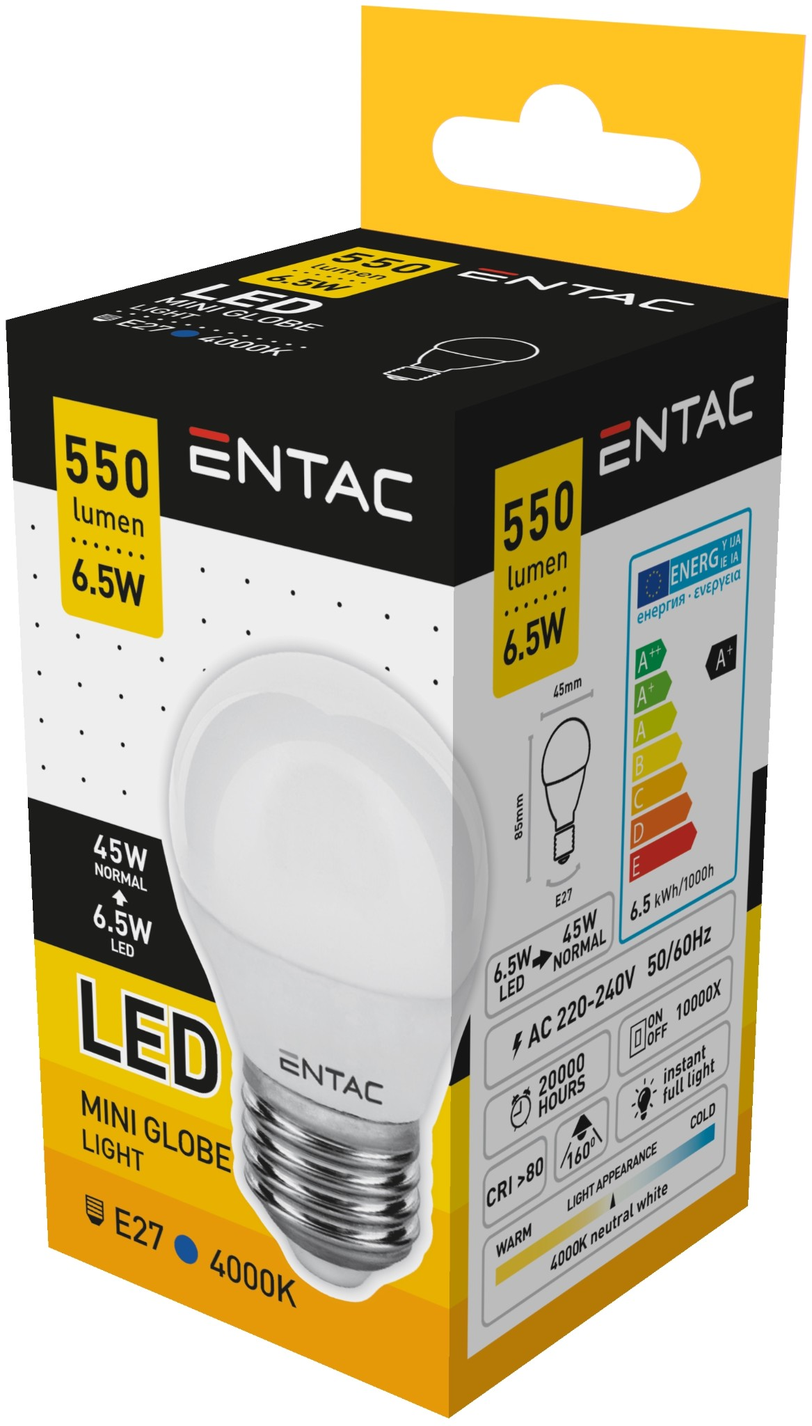 Egy izzólámpa doboz, a felirattal: 'LED MINI GLOBE LIGHT'. A doboz fehér, sárga és fekete.