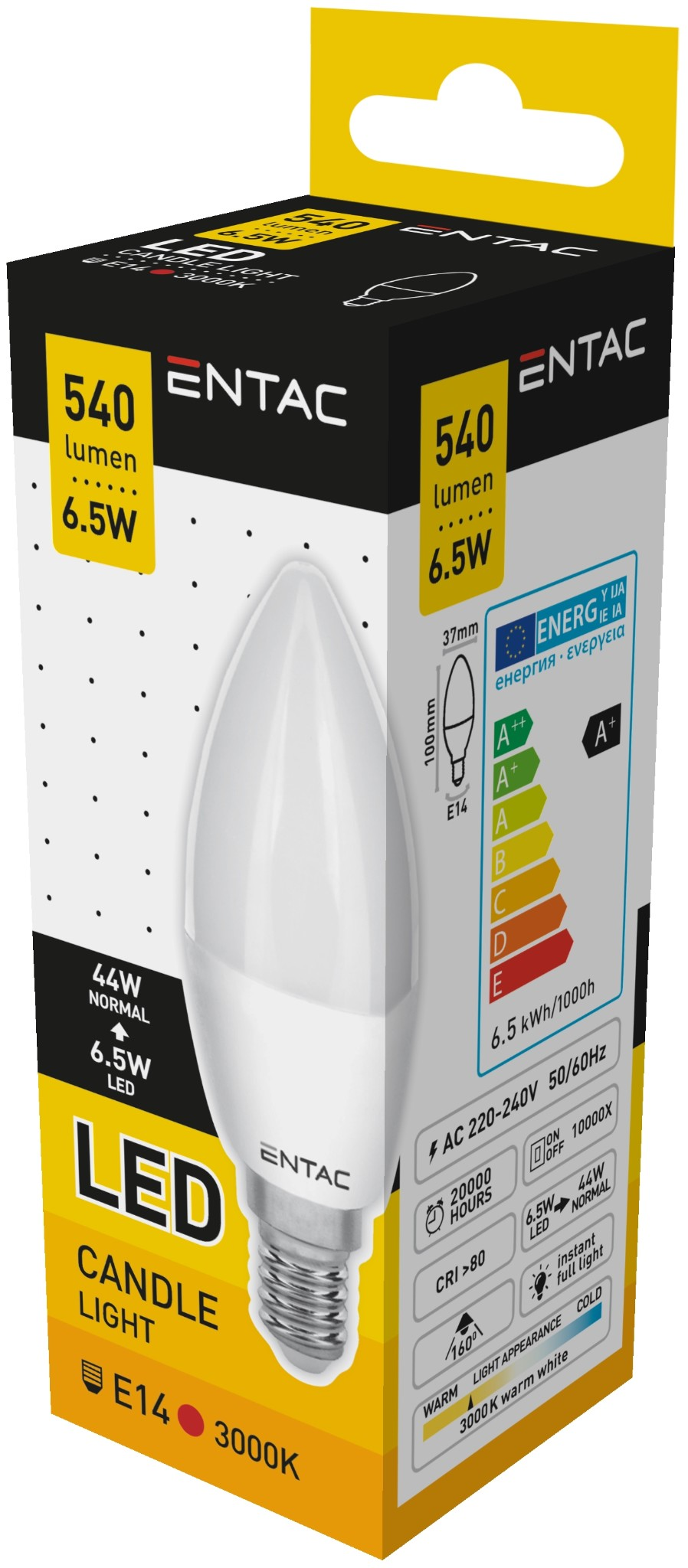 LED gyertyafény izzó csomagolásban, részletekkel az energiahatékonyságról és egyéb funkciókról.