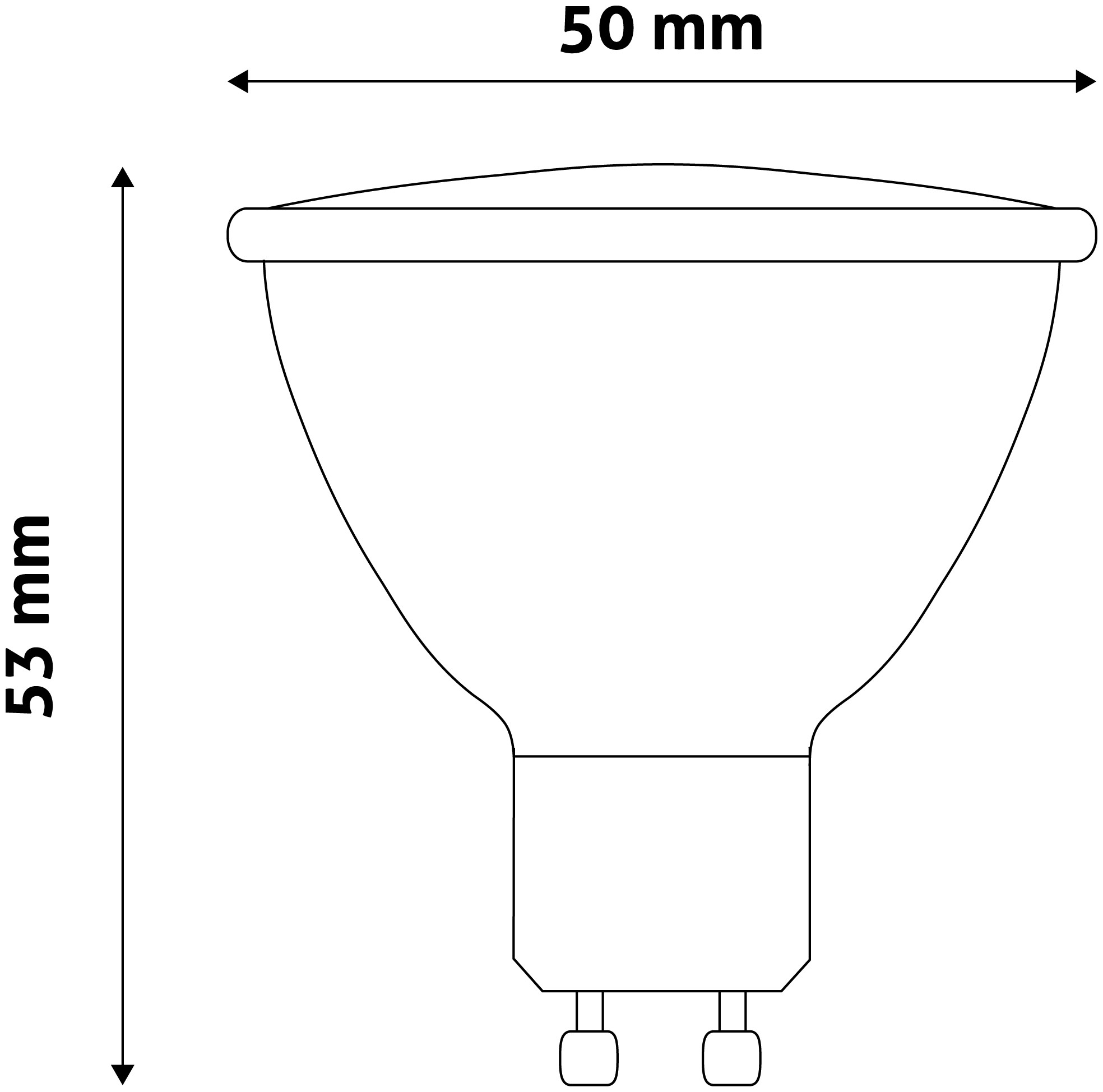 Egy izzó diagramja, 50 mm és 53 mm-es méretekkel.