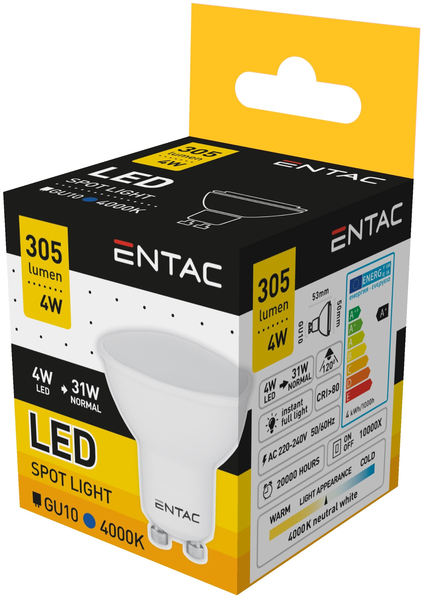 LED spotlámpa doboza specifikációkkal. Fehér és sárga színek láthatók.