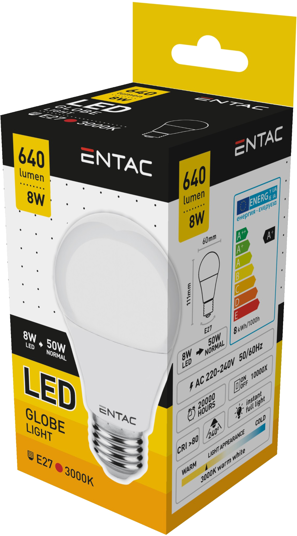 ENTAC LED gömb izzó 8W E27 WW 3000K (LLG27-8W-WW)