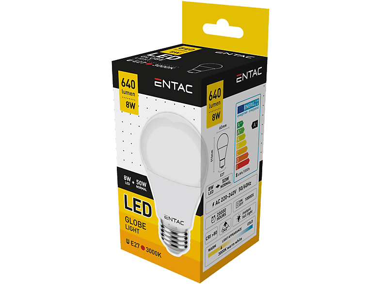 ENTAC LED gömb izzó 8W E27 WW 3000K (LLG27-8W-WW)