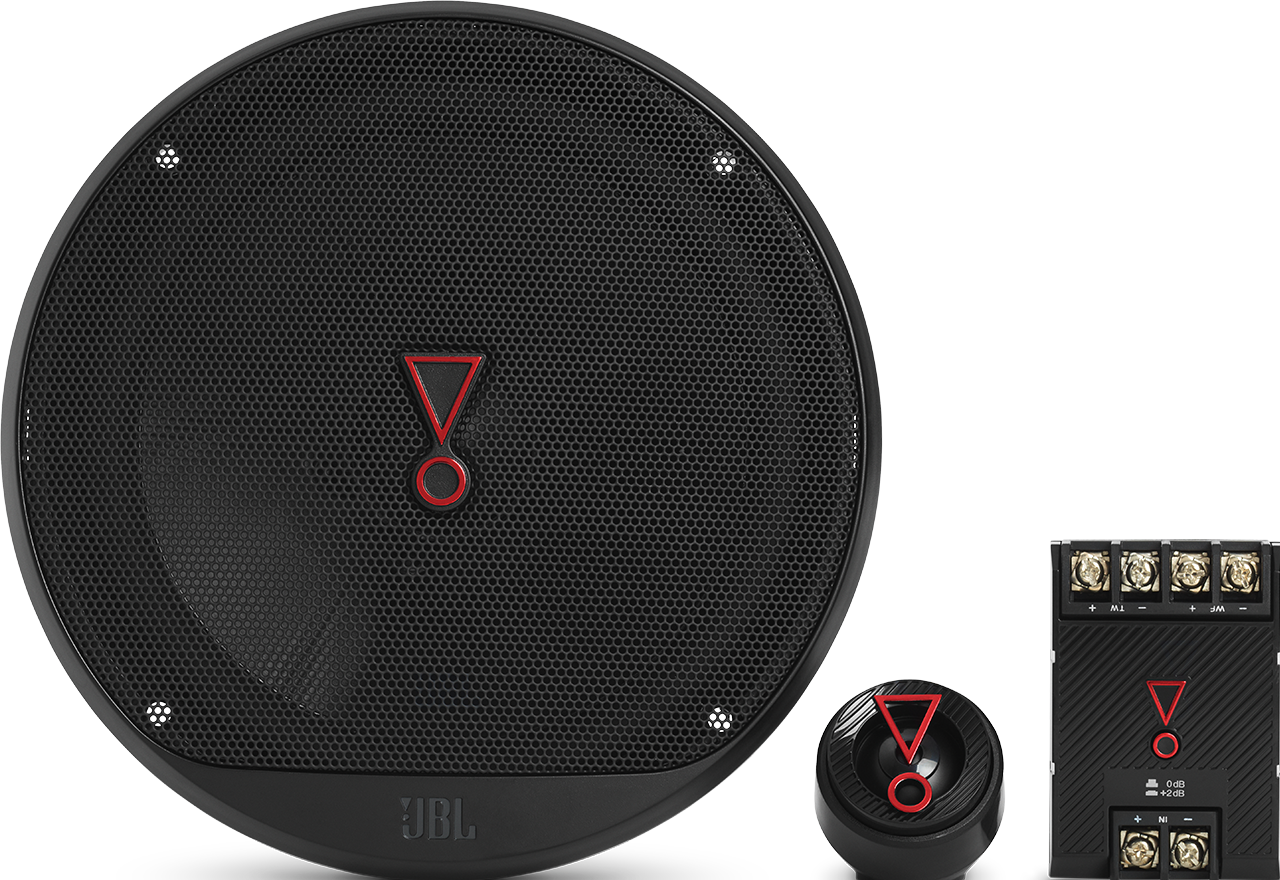 Ein schwarzer JBL-Lautsprecher mit JBL-Logo und ein Satz Audiokomponenten.