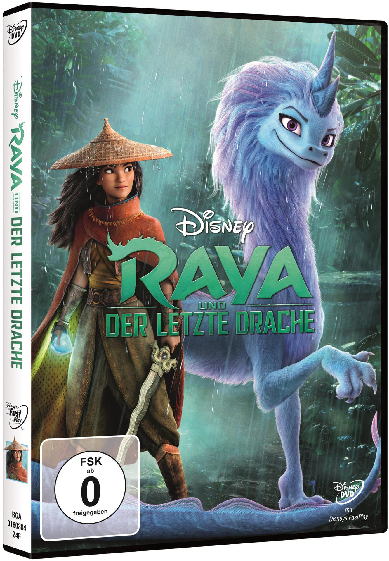 Raya und der letzte Drache DVD-Cover. Eine Frau und ein Drache stehen im Wald.