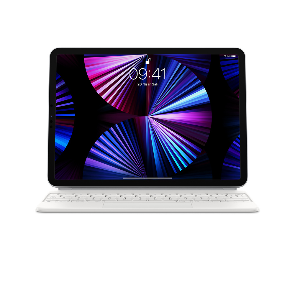 Beyaz bir yüzeyde görüntülenen, klavye takılı bir iPad. Ekran, renkli bir soyut tasarım gösteriyor.