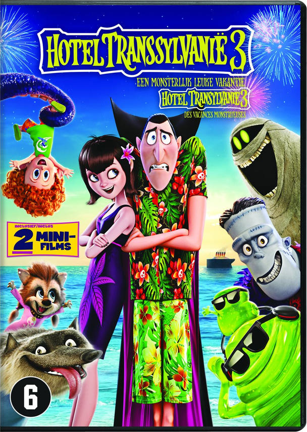Hotel Transylvania 3 dvd-hoes. Tekenfilmfiguren op een strand. Felle kleuren.