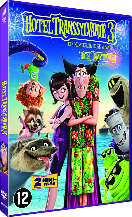 DVD-hoes van Hotel Transylvania 3 met diverse tekenfilmfiguren. Blauwe achtergrond.